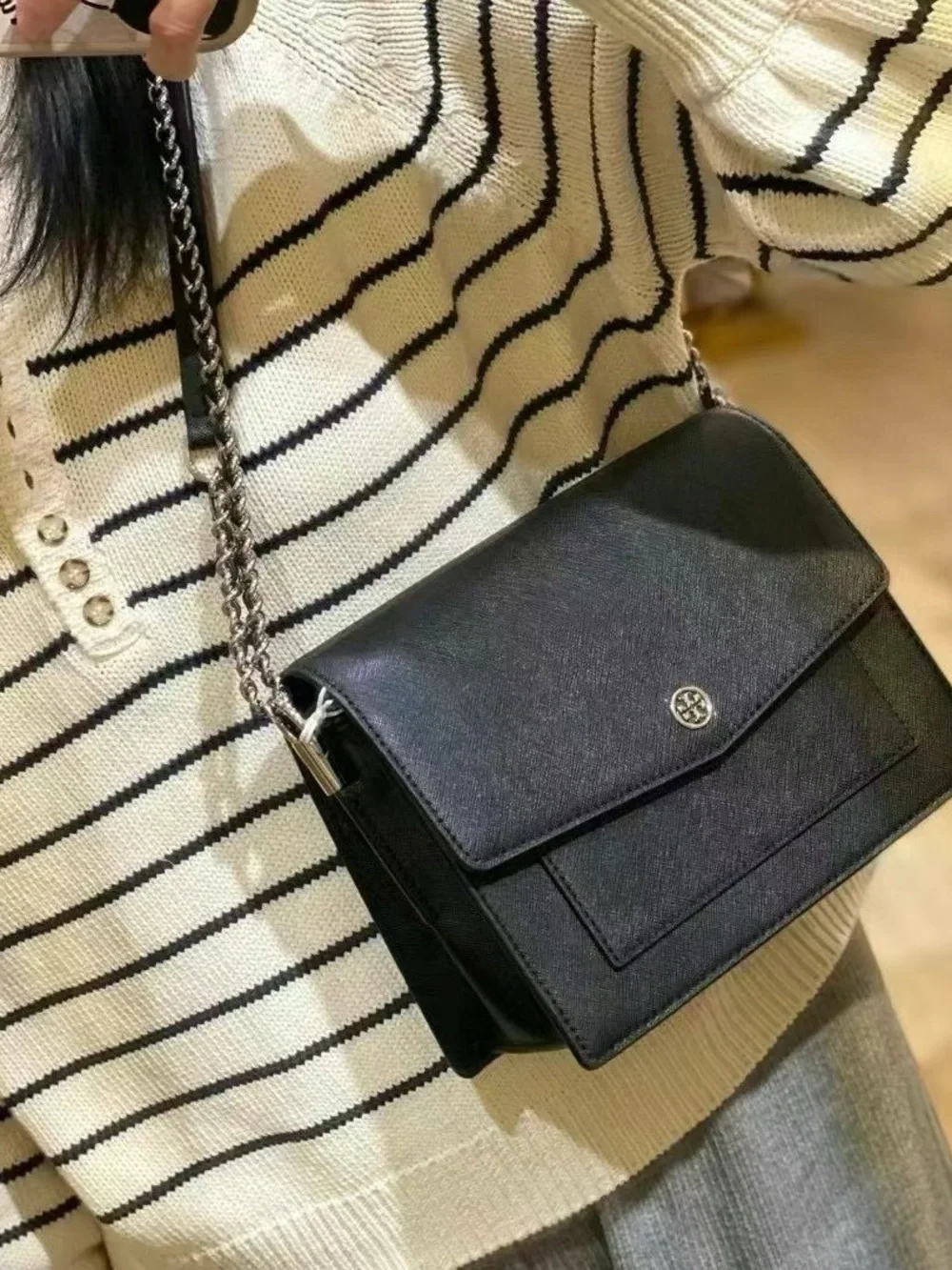 Tory Burch Robinson Convertible Shoulder Bag Black Silver Logo NWT